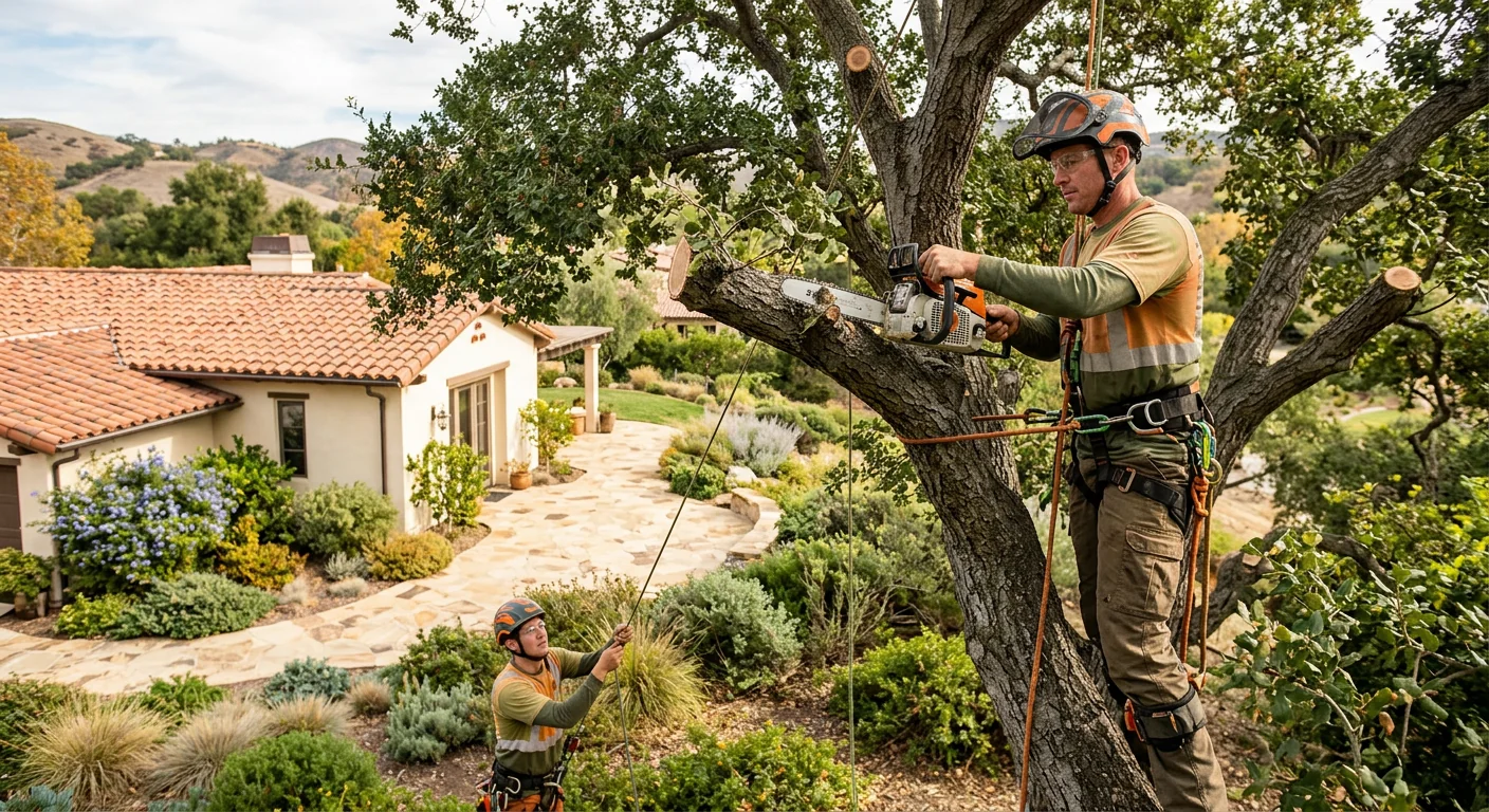Crew clearing dense hillside brush from a residential Calabasas property lot