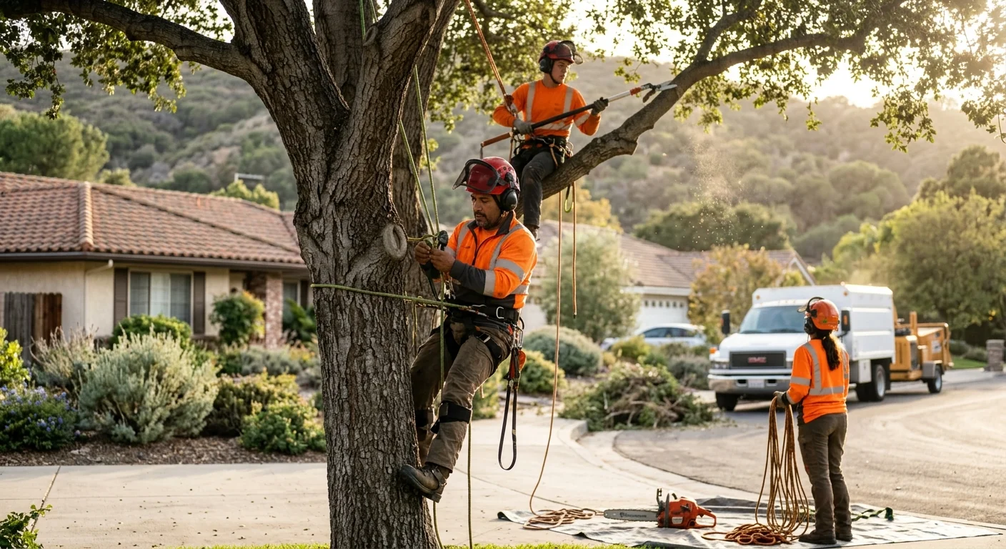 Crew clearing overgrown brush along a Calabasas hillside property edge