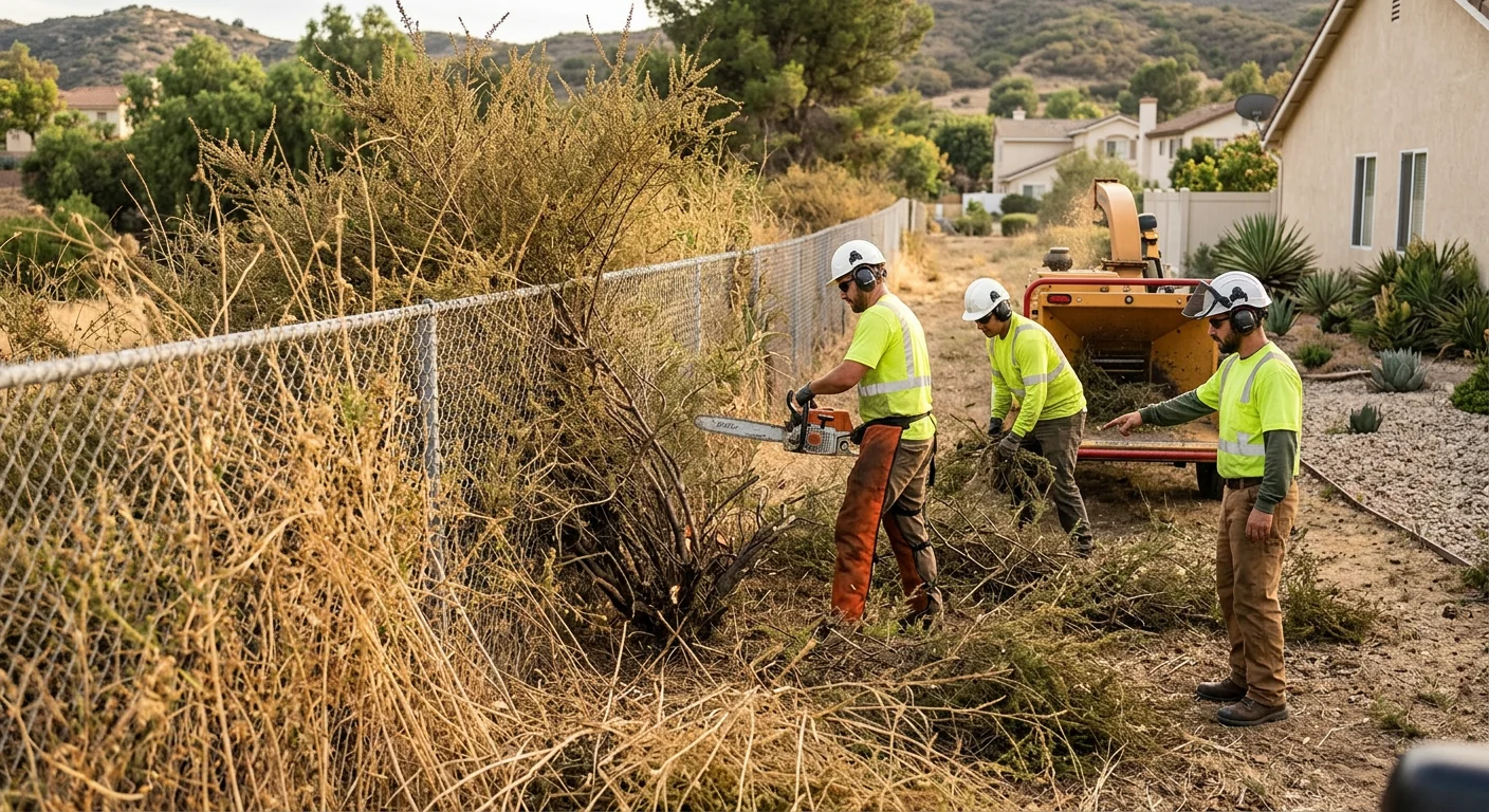 Overgrown dry brush crowding a residential fence line in Calabasas
