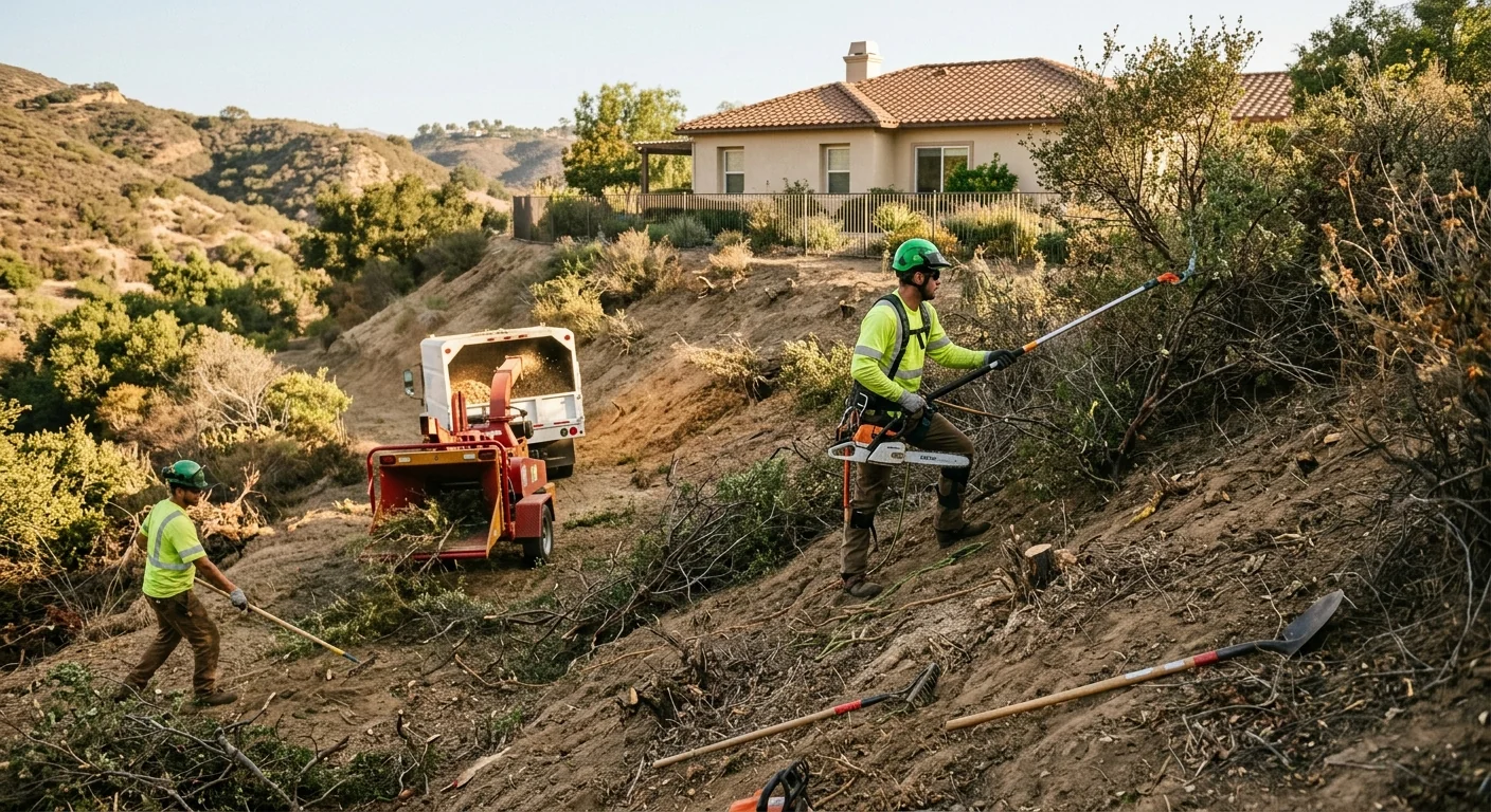 Overgrown hillside lot cleared of dry chaparral behind a Calabasas home