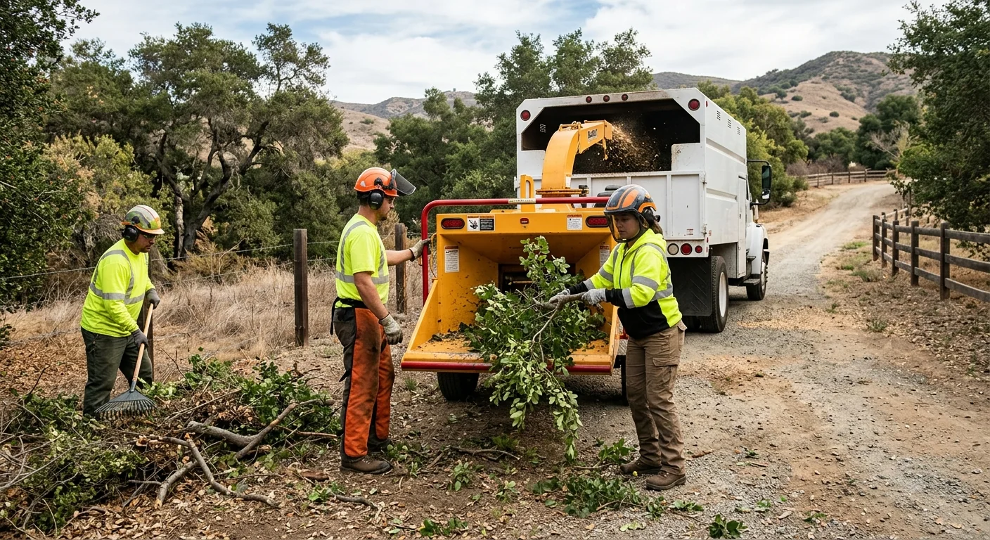 Crew feeding cut brush into a wood chipper along a rural property line