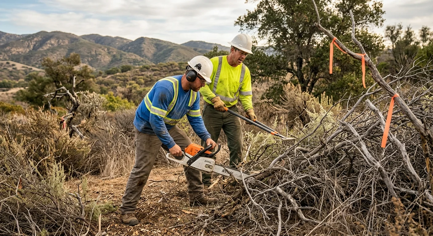 Close-up of dense dead undergrowth marked for defensible space clearing