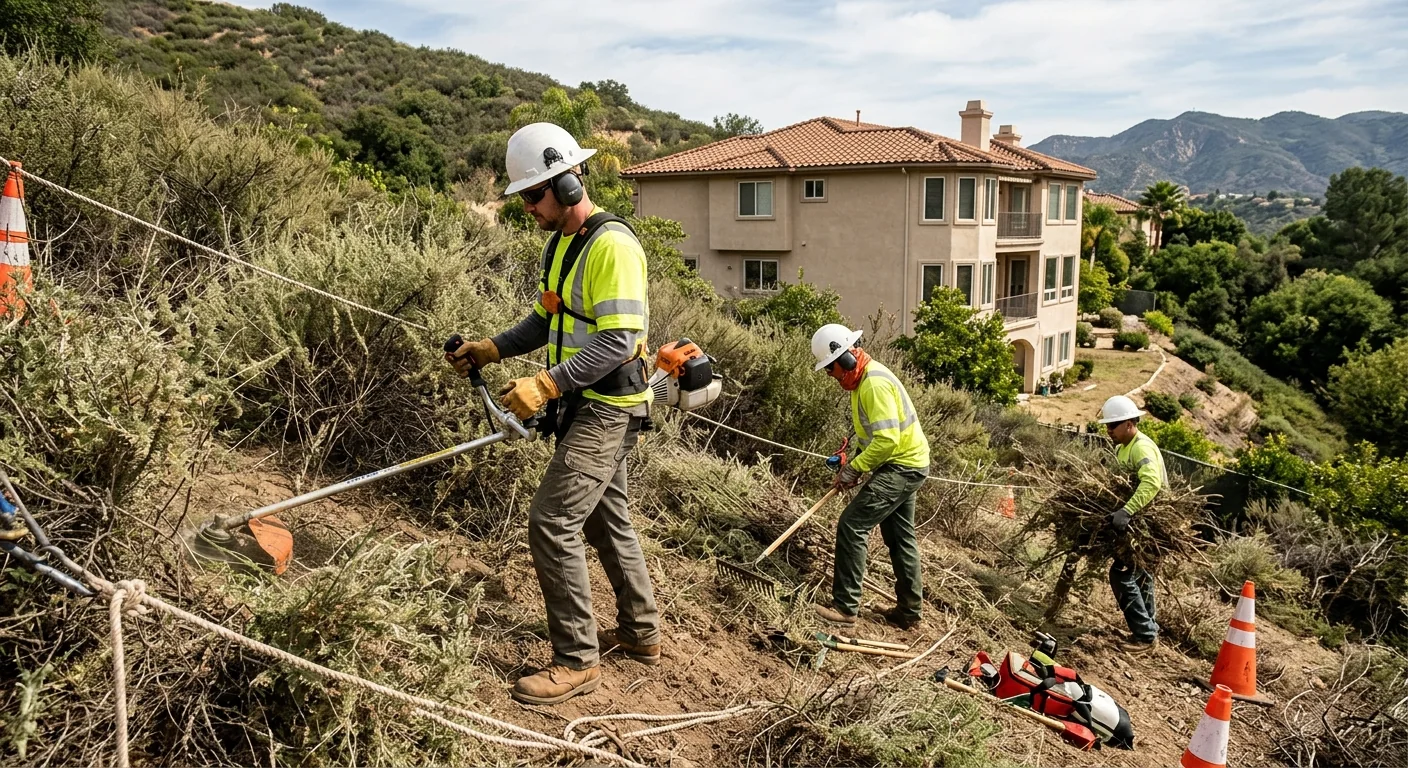 Technicians safely clearing overgrown brush near a Calabasas hillside home
