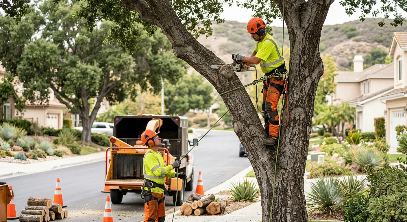 Crane lifting a large sectioned tree above a Calabasas hillside home