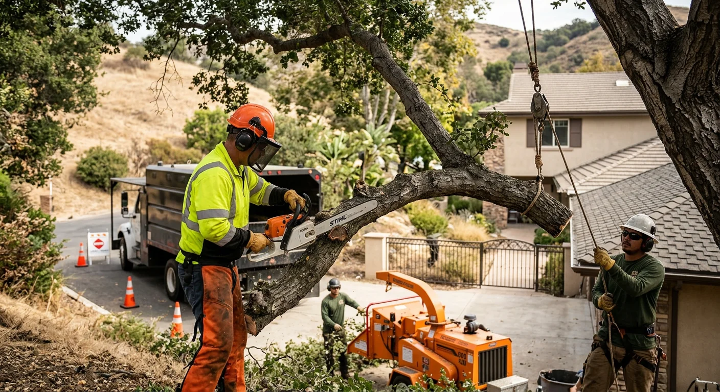 Mobile crane lifting a large tree section over a Calabasas home during removal