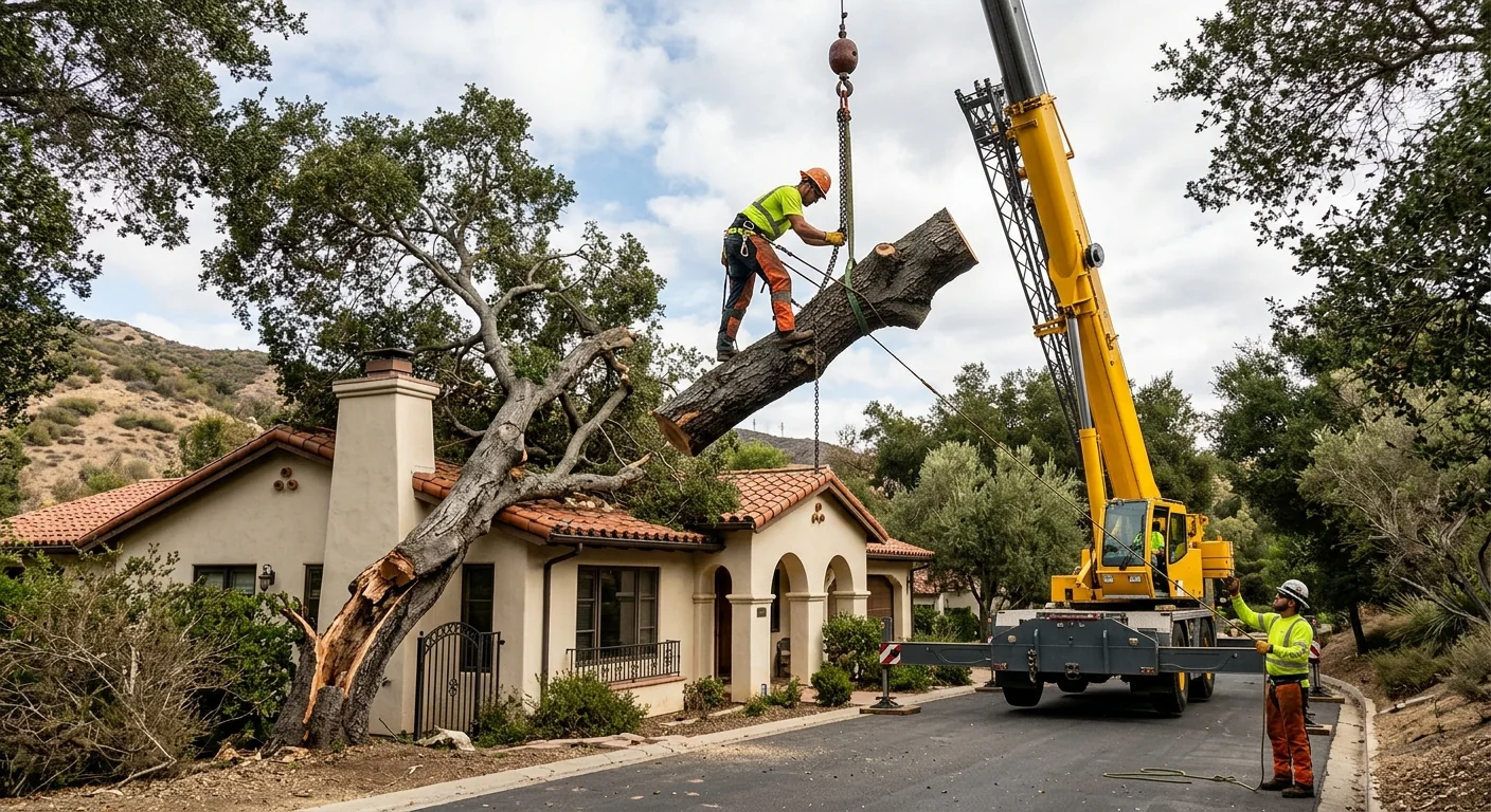 Leaning storm-damaged tree looming over a Calabasas home needing crane removal
