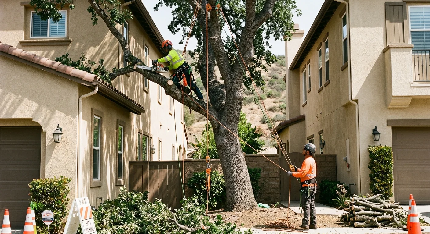 Large tree wedged between houses on a tight Calabasas lot