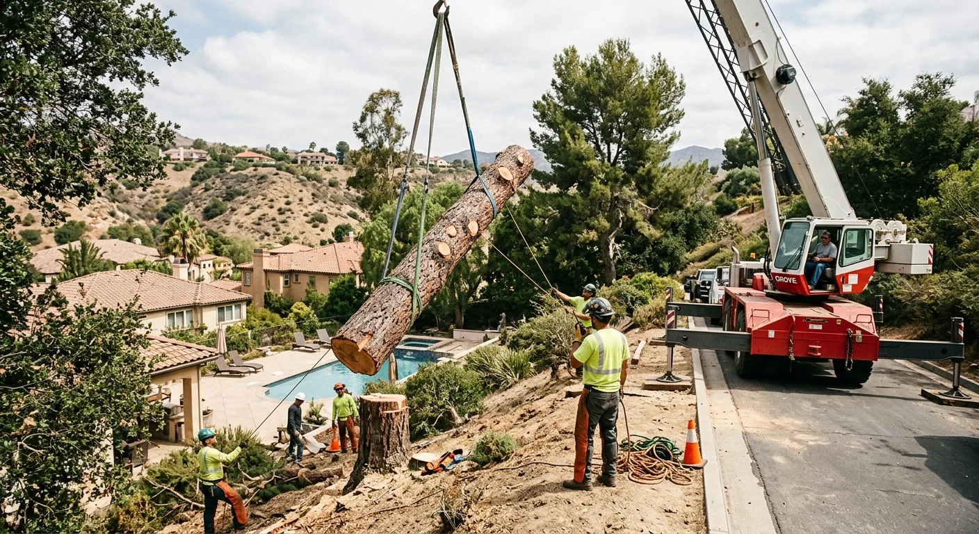 Mobile crane lifting a large pine section over a hillside Calabasas backyard