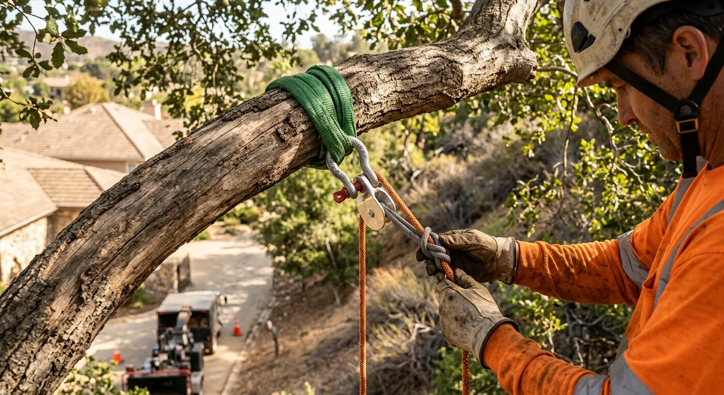 Close-up of rigging straps and load line secured around an oak limb