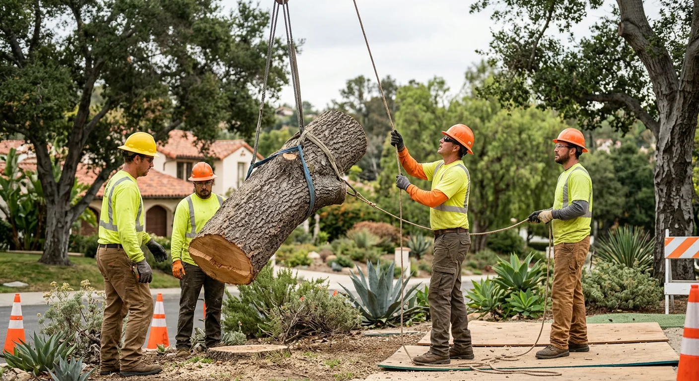Trained crew guiding a crane load line during a careful tree removal
