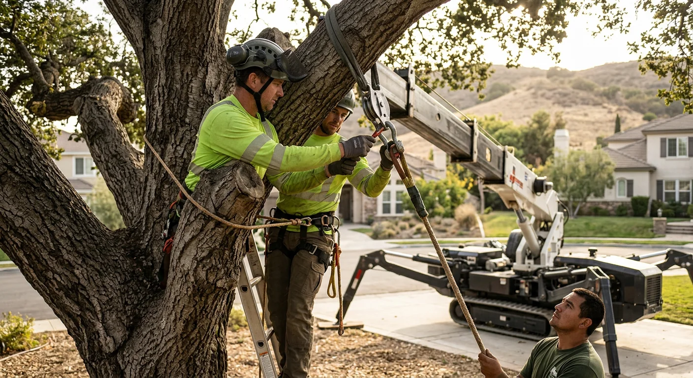 Technician inspecting canopy and rigging points before lifting a large tree