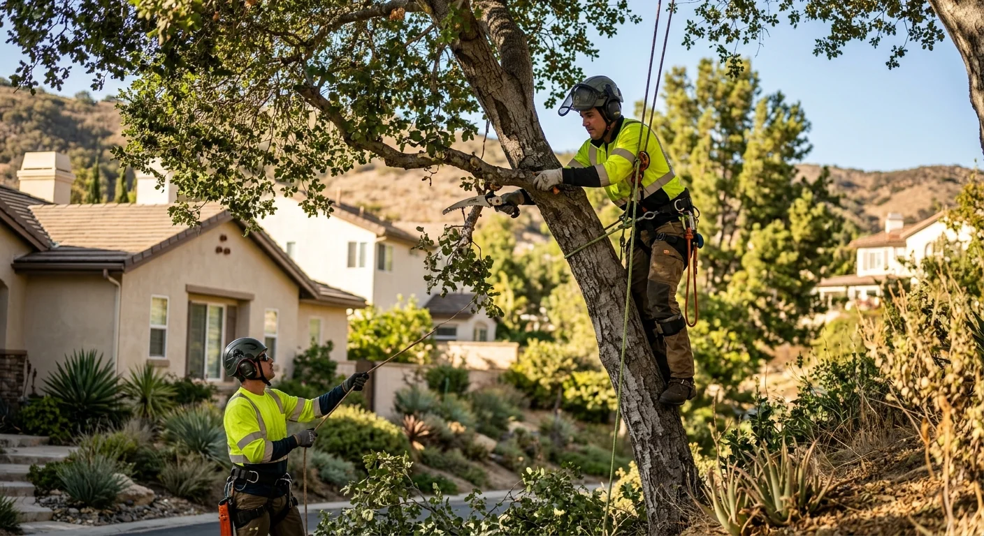Arborist assessing a storm-damaged tree near a Calabasas home before removal