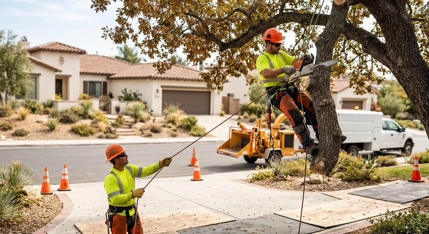 Tree crew safely removing storm-damaged limbs near a Calabasas home