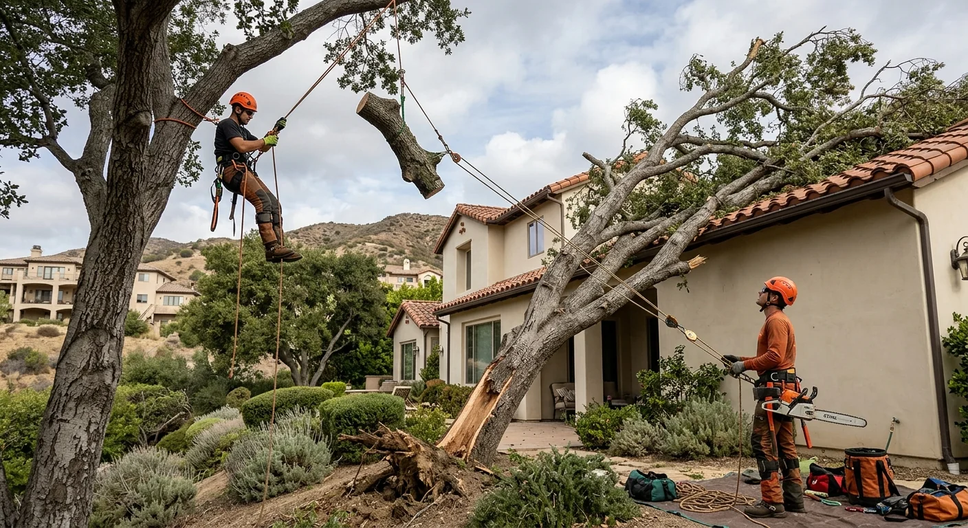 Storm-damaged tree leaning toward a Calabasas hillside home after high winds