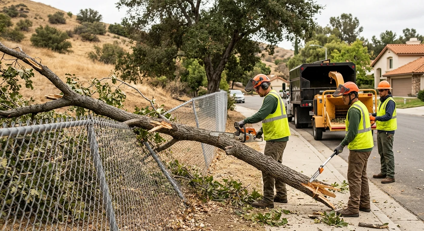 Fallen branch resting on a fence line following a Calabasas storm