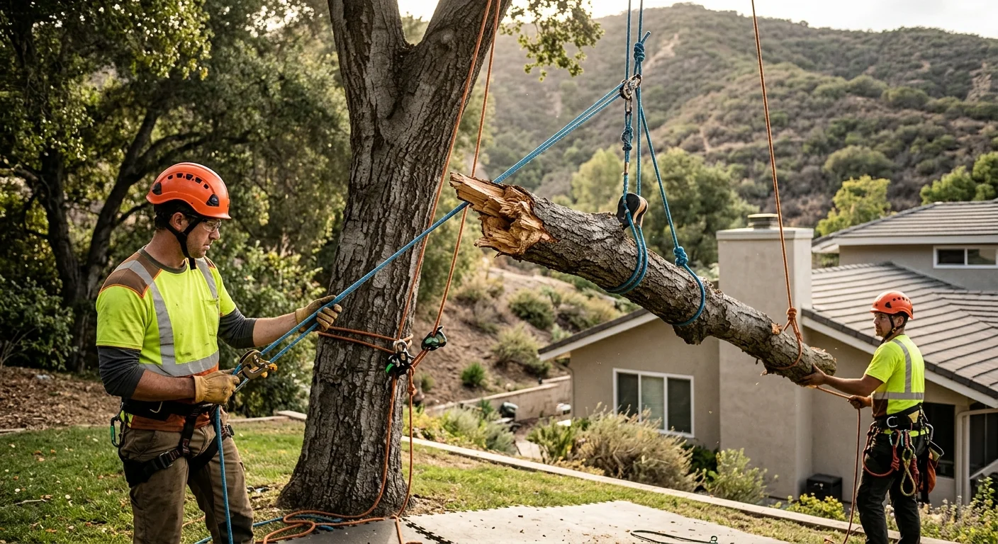 Close-up of a rope and rigging setup lowering a broken limb near a hillside home