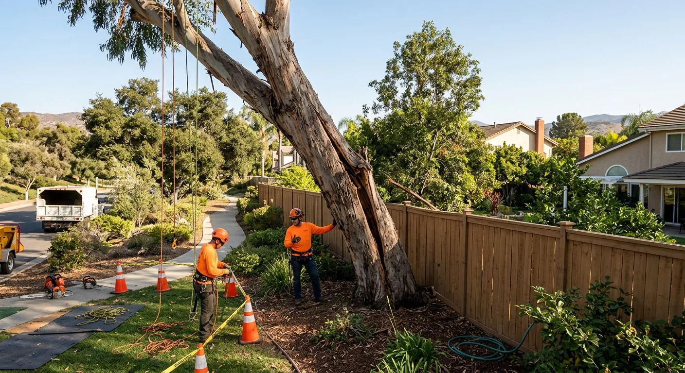 Wide shot of a split eucalyptus leaning over a backyard fence before removal