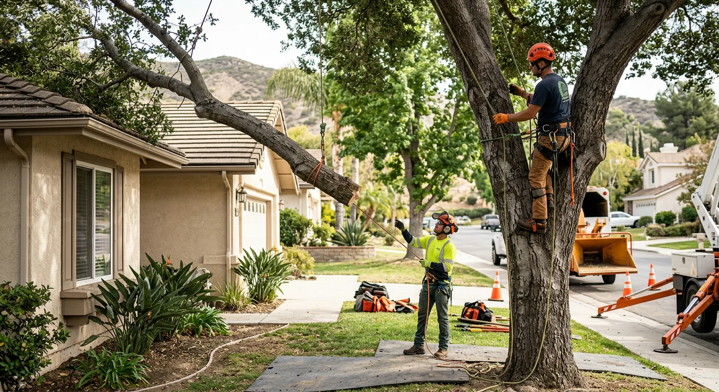 Crew safely lowering a large limb away from a home during emergency tree removal