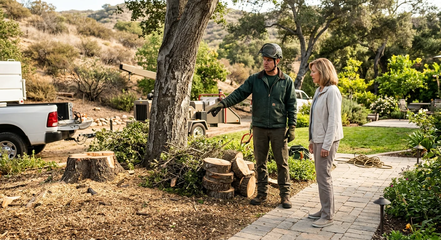 Technician reviewing completed storm cleanup with a homeowner in a Calabasas yard