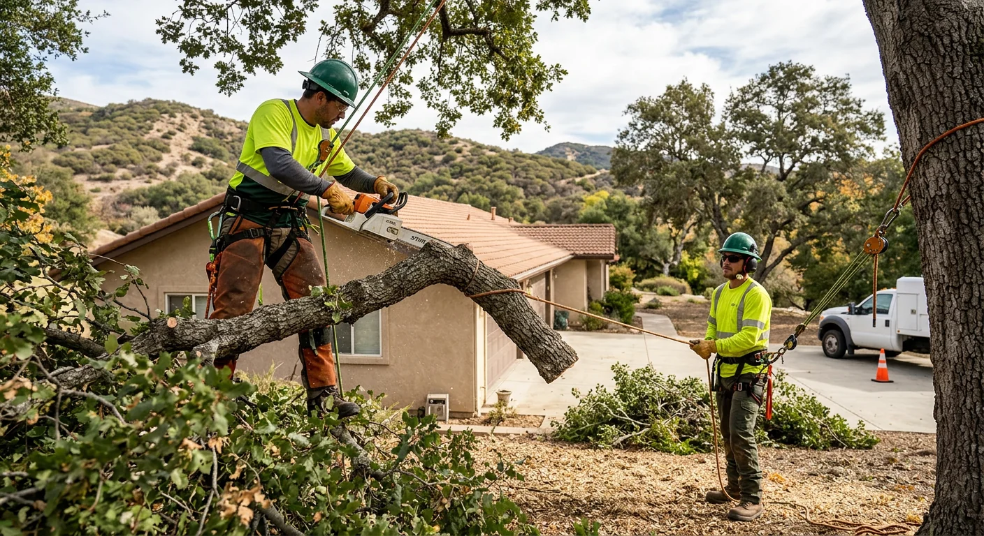 Arborist inspecting a leaning hazardous tree near a Calabasas home before removal