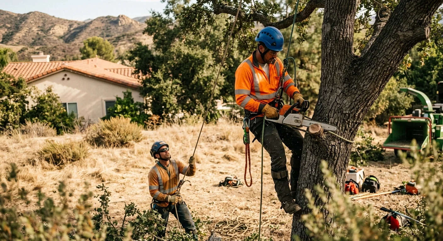 Arborist rigging down a leaning hazardous tree near a Calabasas hillside home