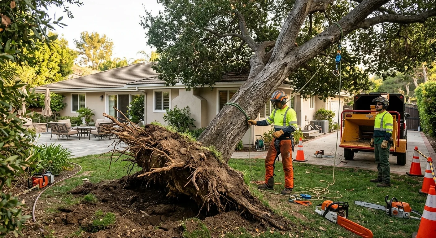 Leaning oak with lifted root plate threatening a Calabasas backyard