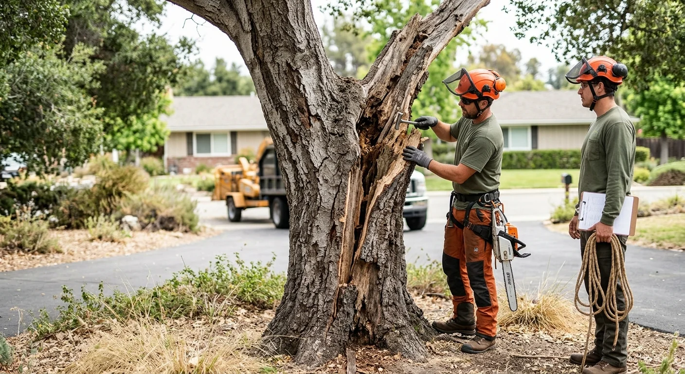 Cracked trunk union and deadwood showing signs of tree failure