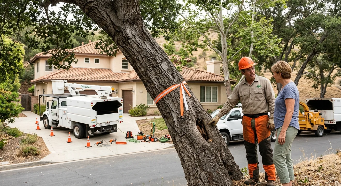Leaning oak flagged for removal beside a Calabasas hillside home before work begins