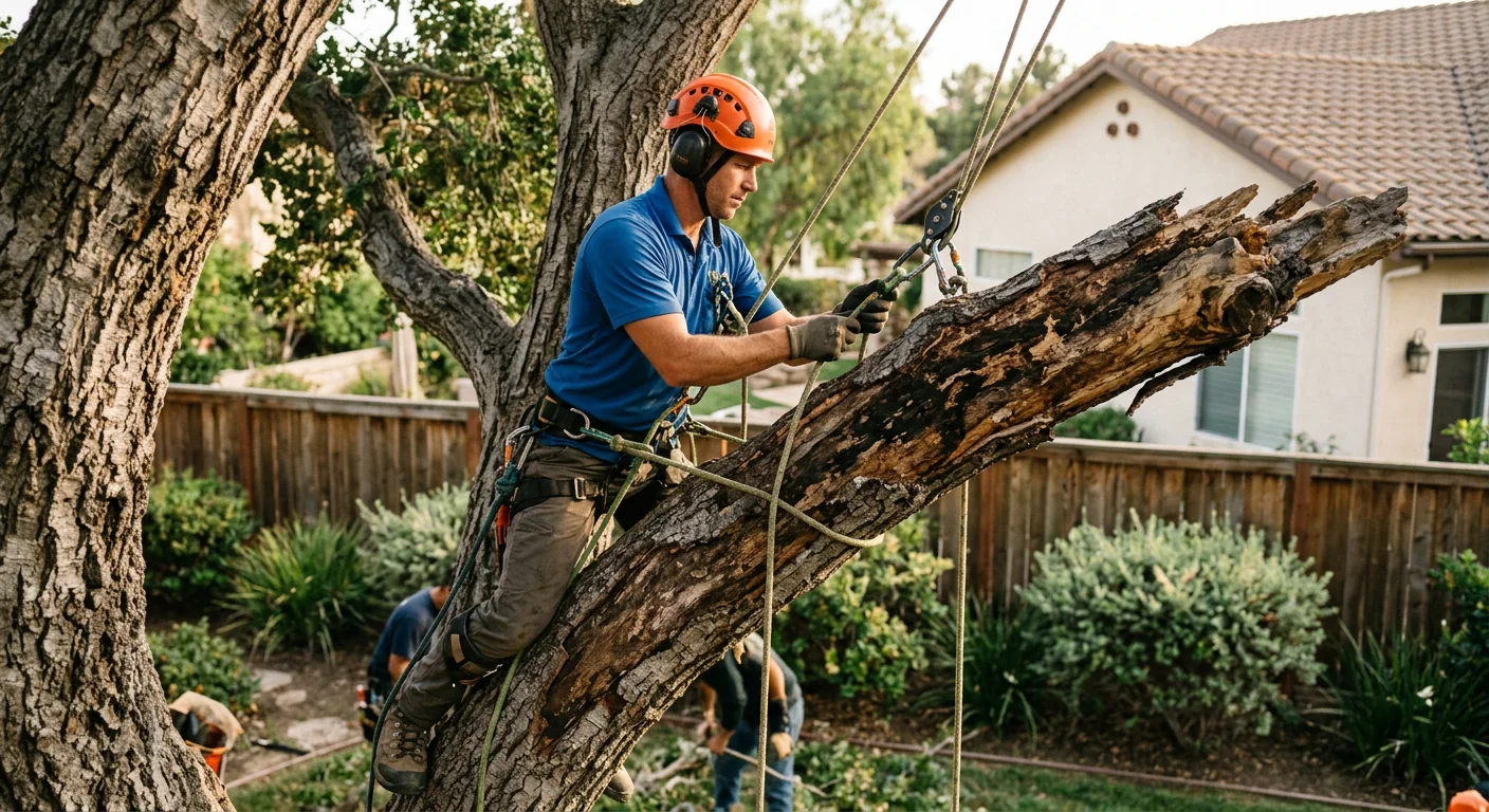 Trained technician rigging a decayed limb with lowering ropes near a backyard fence