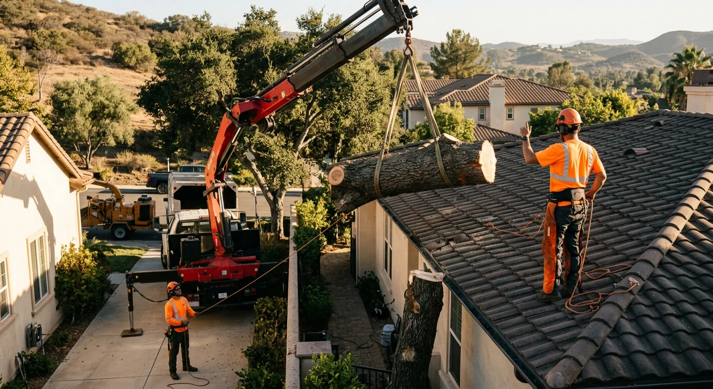 Crane lifting a sectioned trunk away from a rooftop on a narrow residential lot