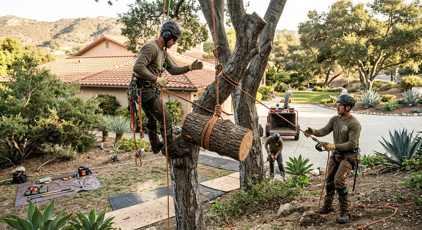 Technicians rigging and lowering sections of a hazardous tree in a Calabasas yard