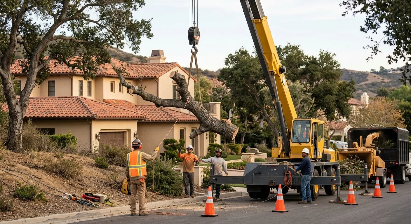 Crane-assisted removal of a large compromised tree beside a Calabasas home
