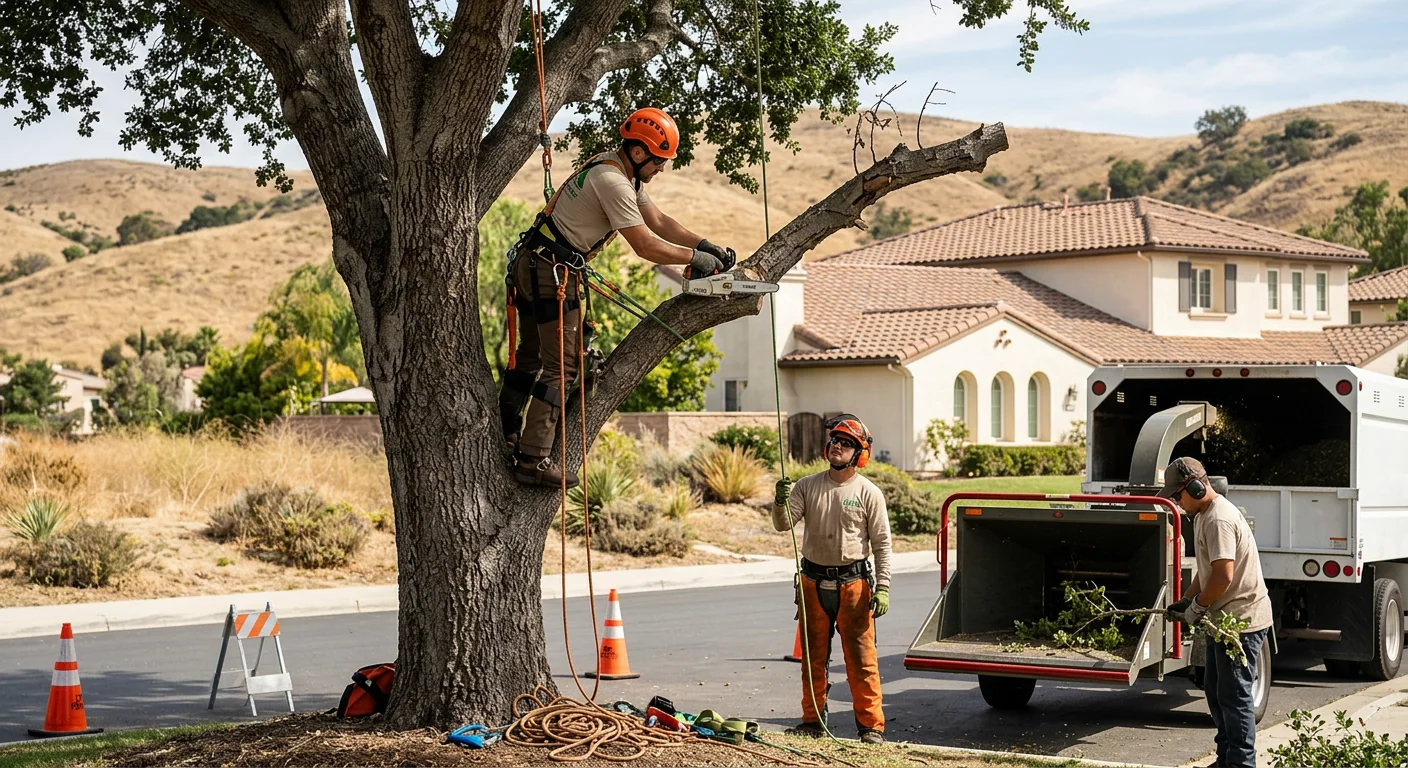 Crew clearing brush and trees from a sloped Calabasas residential lot
