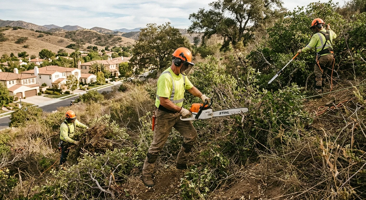 Overgrown hillside lot with heavy brush needing clearing in Calabasas