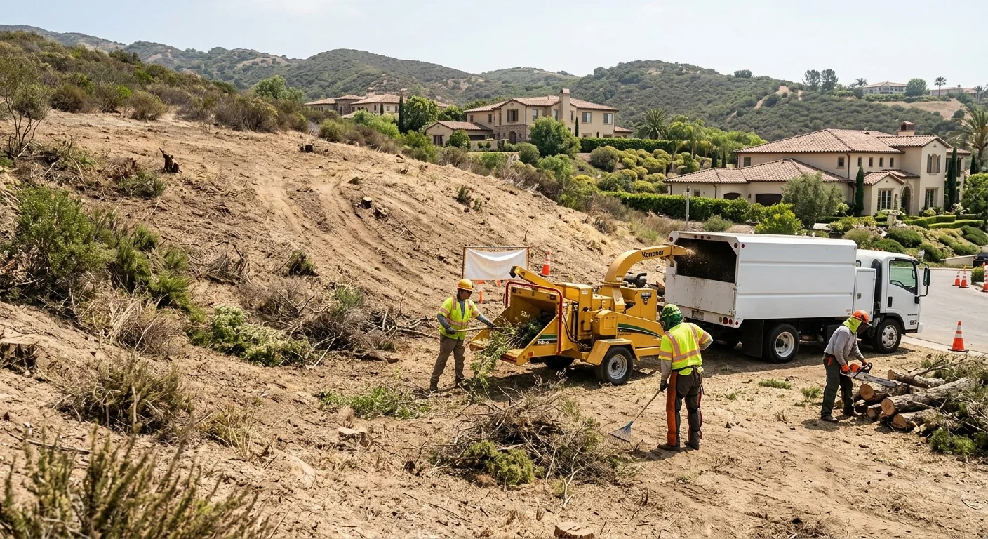 Wide view of a cleared hillside lot with brush removed near Calabasas homes