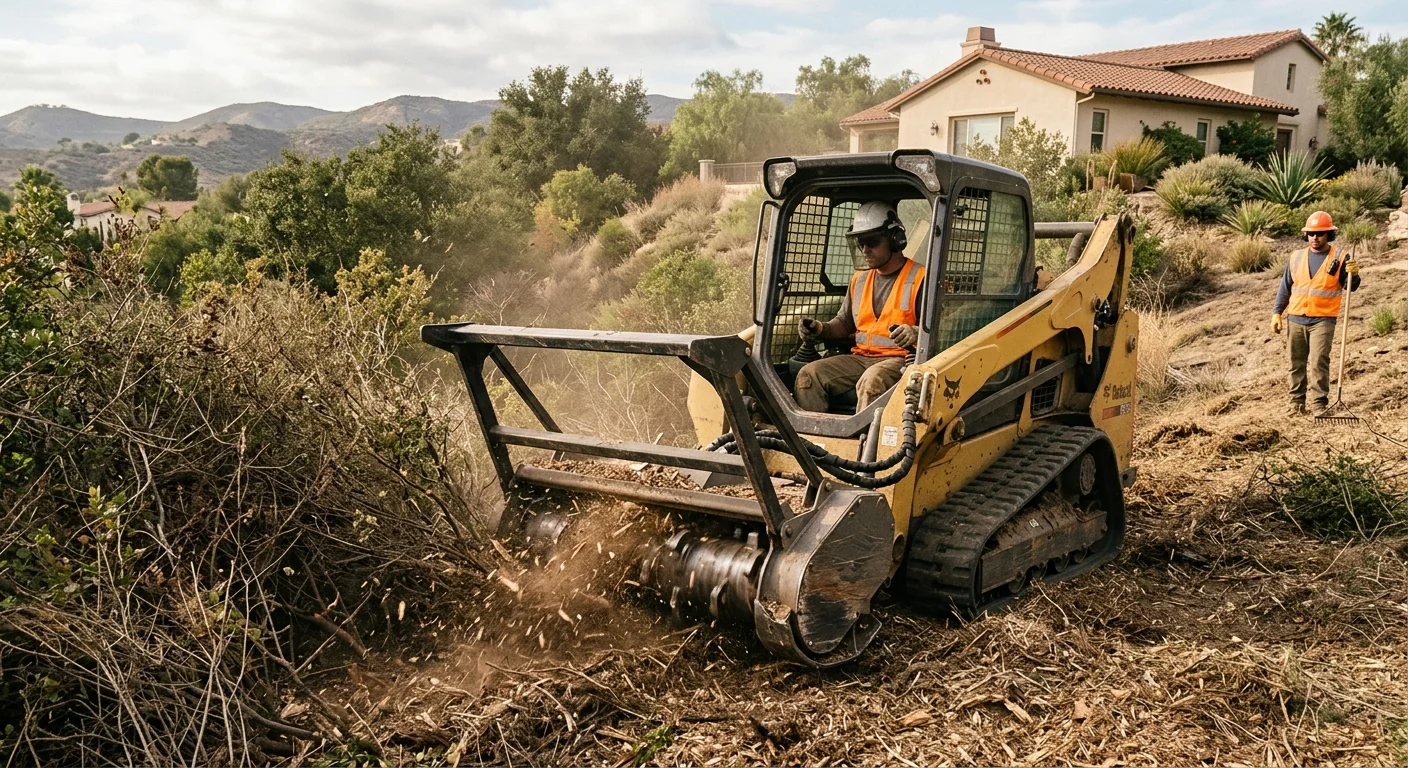 Skid steer with mulching attachment clearing dense undergrowth on a residential property