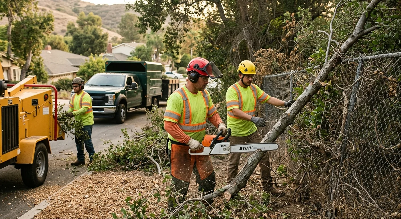Before context showing overgrown scrub and tangled vegetation along a property line