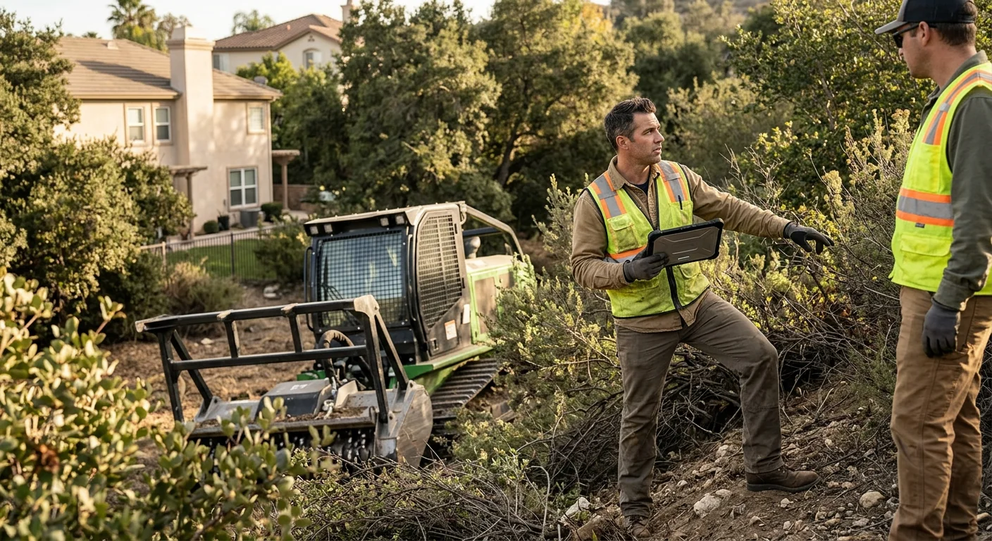 Trained technician assessing brush and slope before land clearing in Calabasas