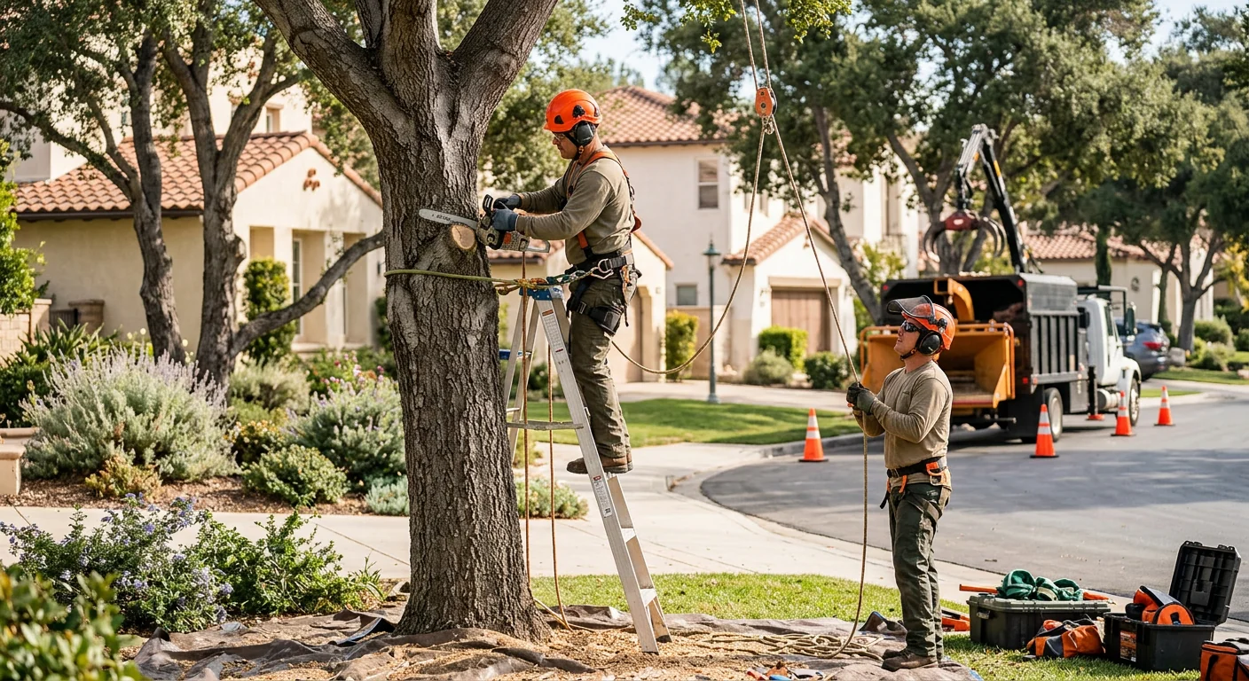 Crew clearing storm-damaged tree limbs from a Calabasas residential yard after high winds