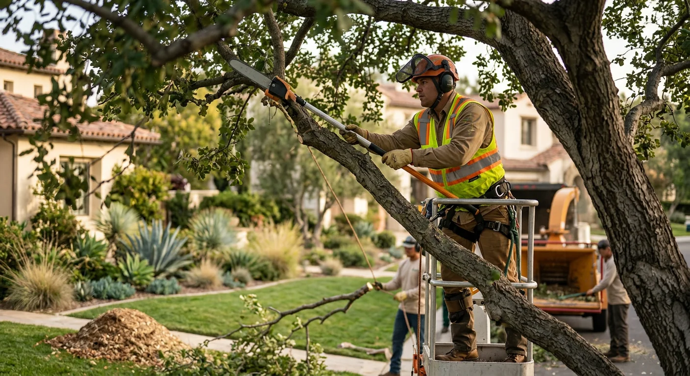 Tree crew clearing storm-damaged branches from a Calabasas residential yard