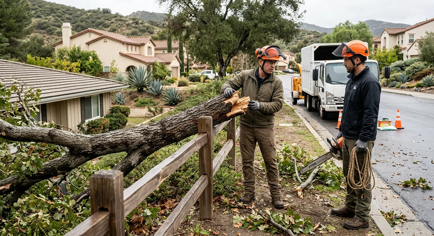 Fallen tree limb resting on a fence after a storm in Calabasas