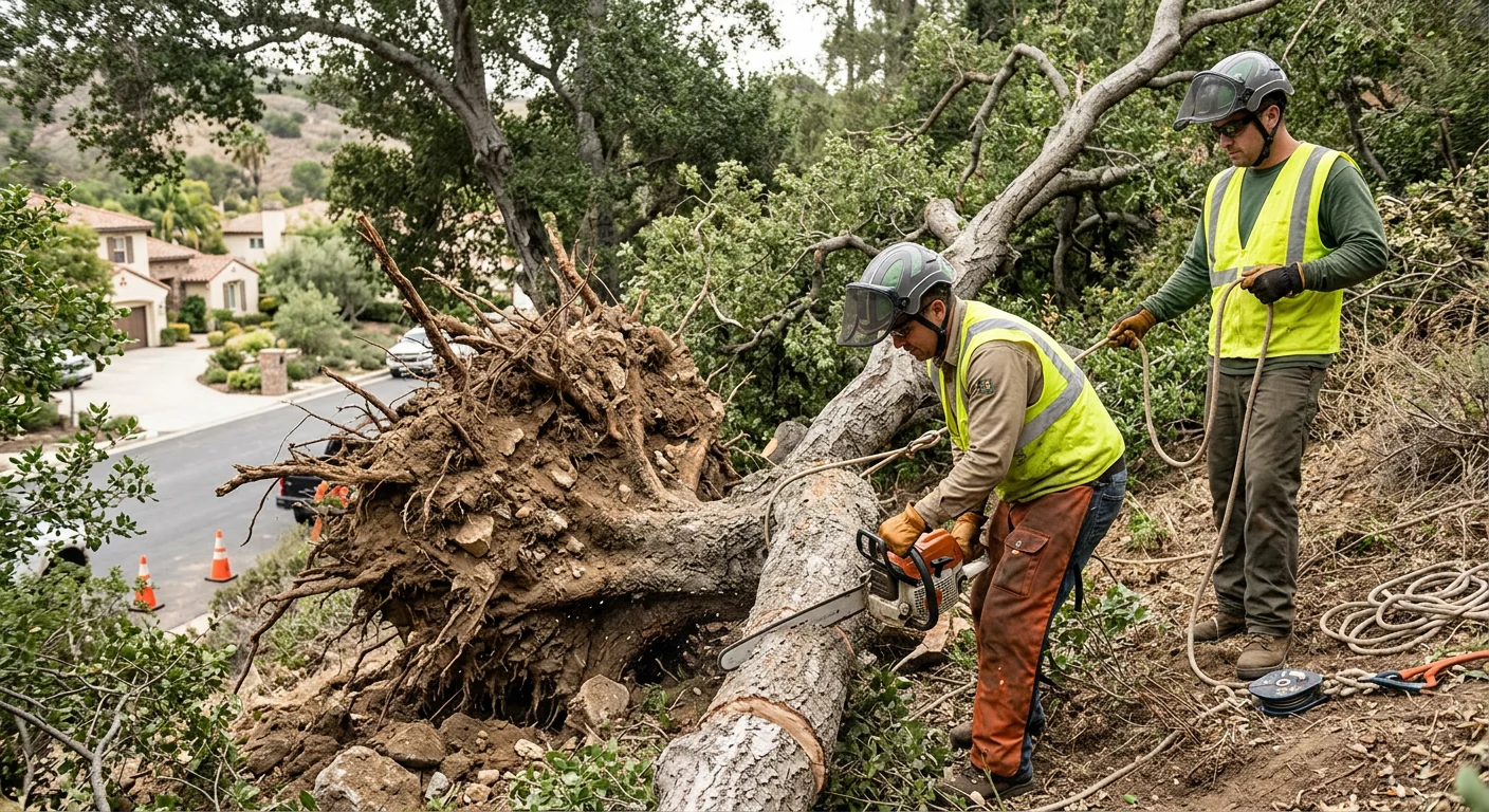 Uprooted tree with exposed root plate on a hillside property