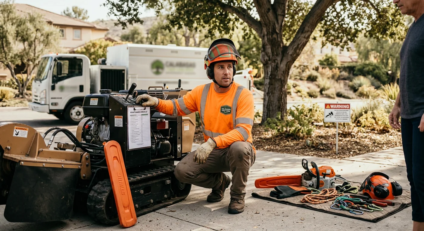 Calabasas Tree Care Pros technician reviewing Tree Service equipment in Calabasas, CA