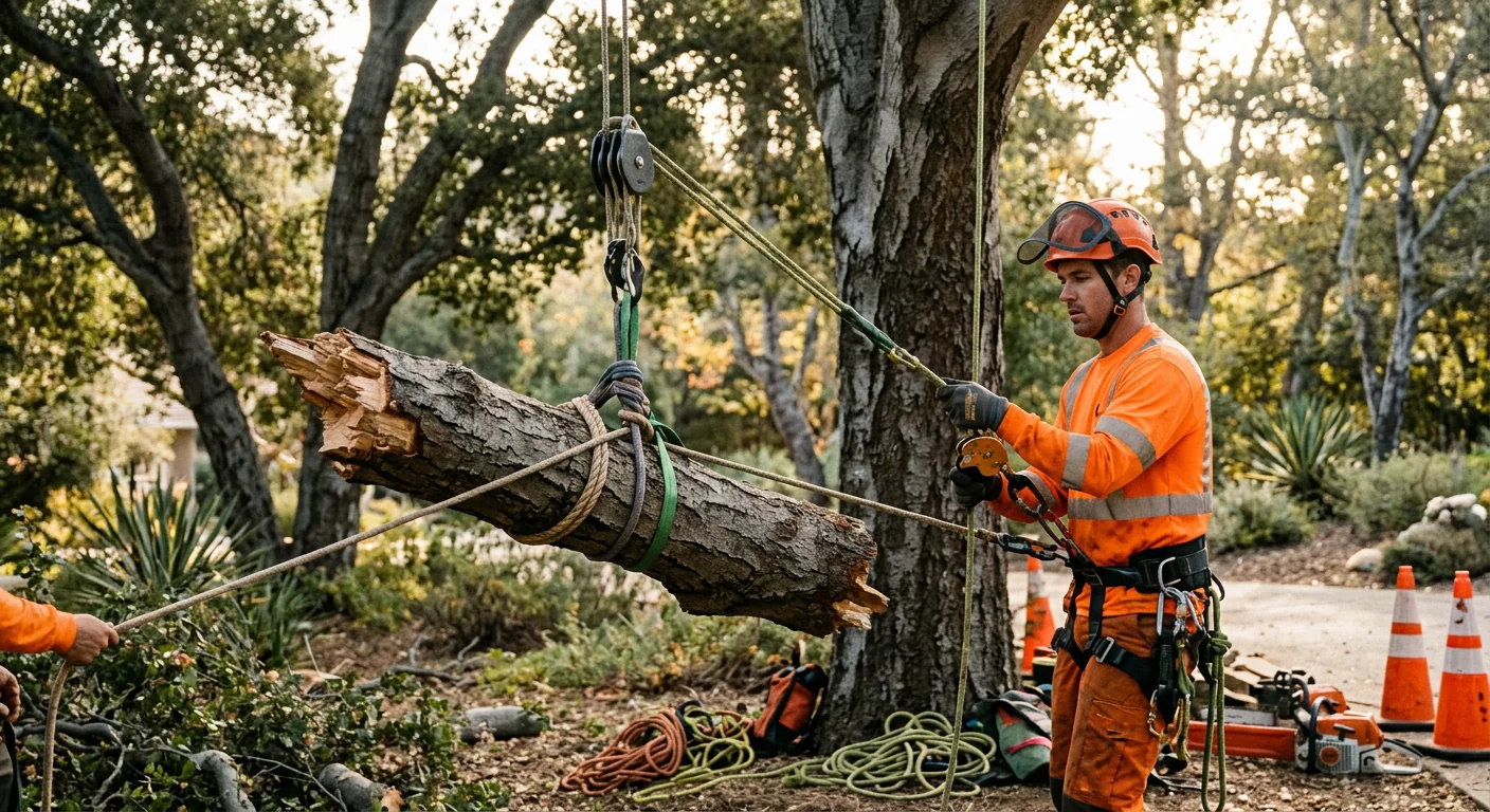 Close-up of controlled rigging lines lowering a broken branch section safely