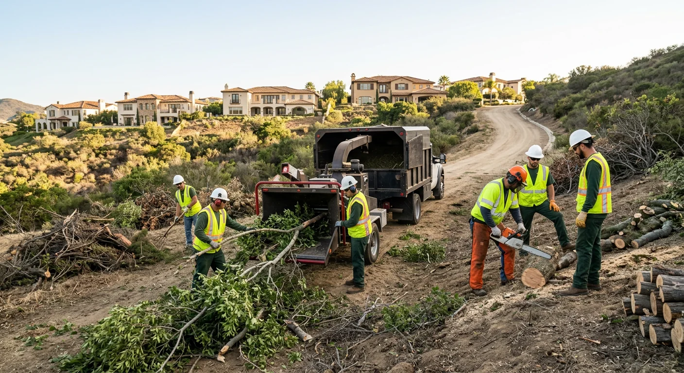 Wide view of a hillside property cleared of storm debris near Calabasas homes