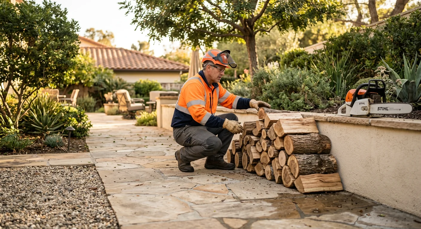 Finished backyard cleanup showing tidy stacked logs and swept walkway