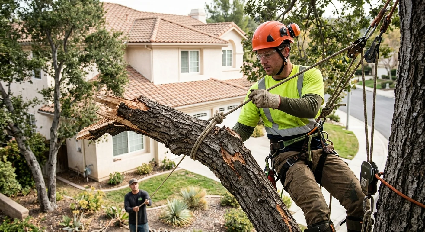 Trained technician rigging a storm-damaged limb for controlled lowering near a Calabasas home