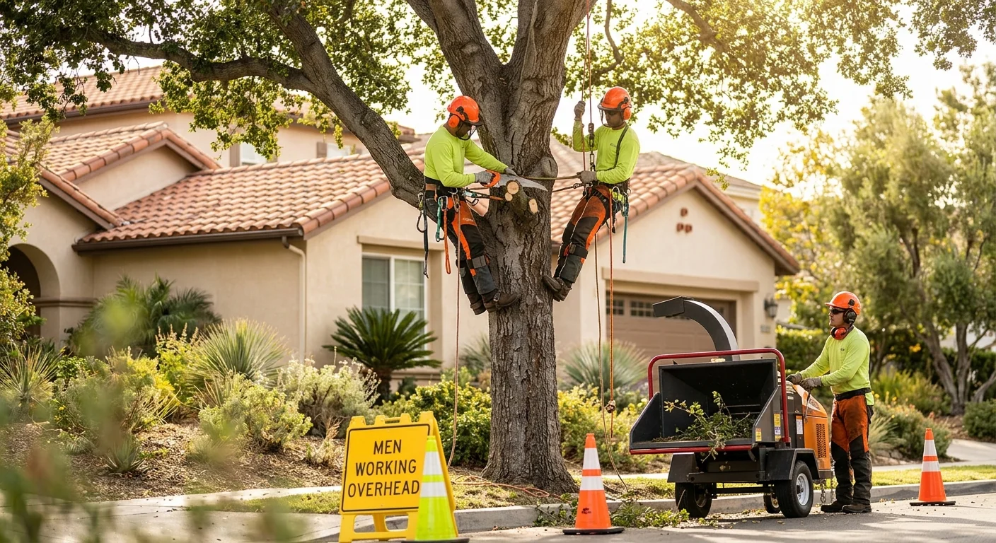 Technician measuring a large stump before grinding on a Calabasas residential property