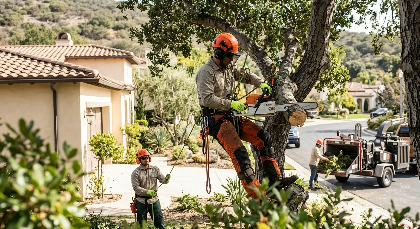 Technician operating a stump grinder on a residential Calabasas property after tree removal