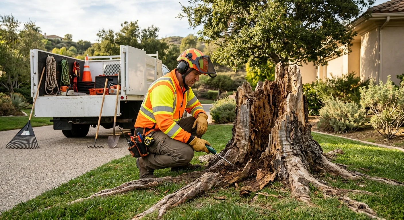 Decaying tree stump with surface roots spreading across a Calabasas backyard lawn